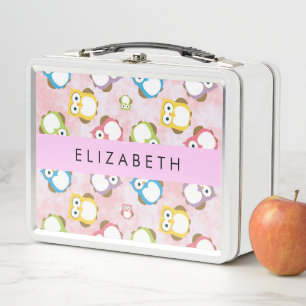 Cute Owls, Owl Pattern, Colourful Owls, Your Name Metal Lunch Box