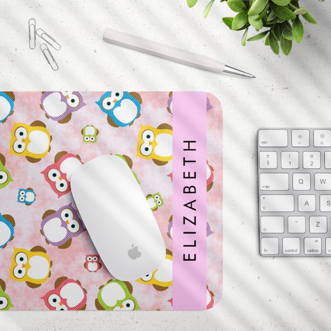 Cute Owls, Owl Pattern, Colourful Owls, Your Name Mouse Mat (Creator Uploaded)
