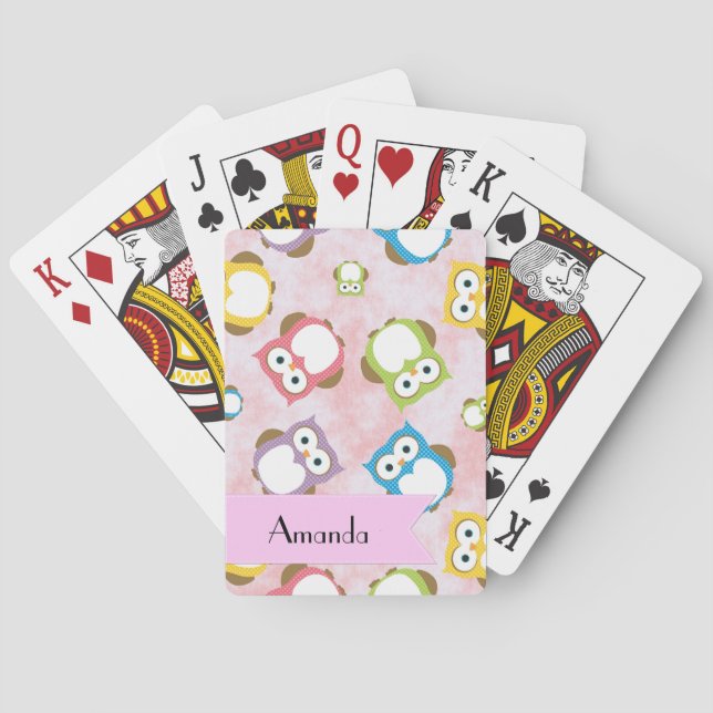 Cute Owls, Owl Pattern, Colourful Owls, Your Name Playing Cards (Back)
