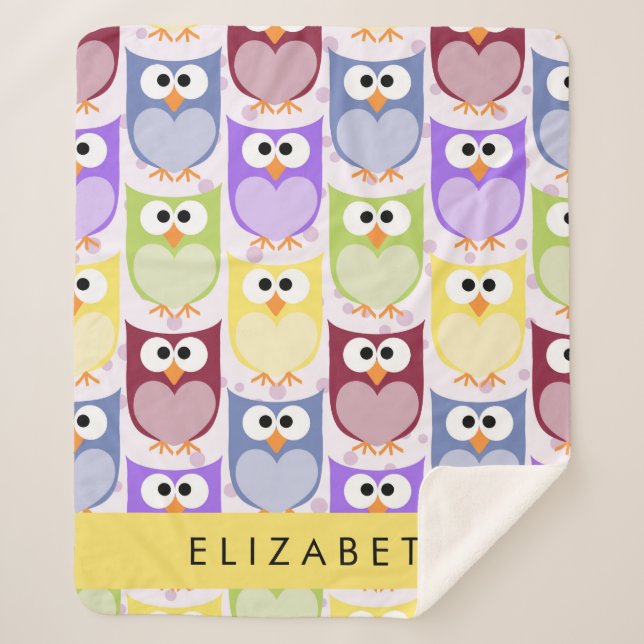 Cute Owls, Owl Pattern, Colourful Owls, Your Name Sherpa Blanket (Front)