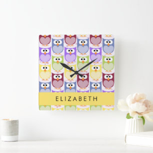Cute Owls, Owl Pattern, Colourful Owls, Your Name Square Wall Clock