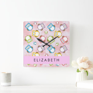 Cute Owls, Owl Pattern, Colourful Owls, Your Name Square Wall Clock