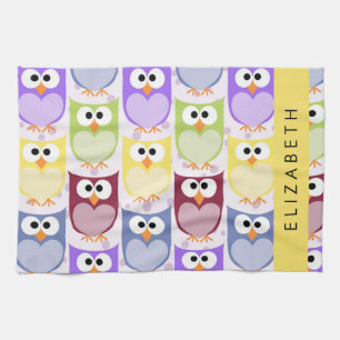 Cute Owls, Owl Pattern, Colourful Owls, Your Name Tea Towel
