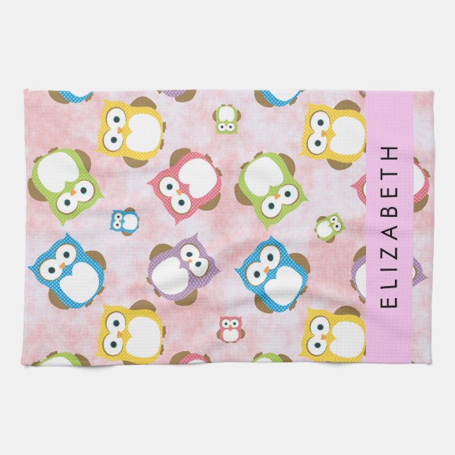 Cute Owls, Owl Pattern, Colourful Owls, Your Name Tea Towel (Horizontal)