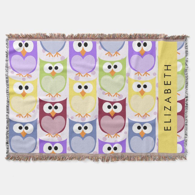 Cute Owls, Owl Pattern, Colourful Owls, Your Name Throw Blanket (Front)