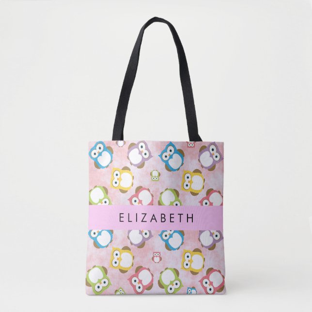 Cute Owls, Owl Pattern, Colourful Owls, Your Name Tote Bag (Front)