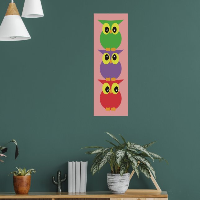 Cute owls Owl totem 3 Red Purple Green Poster (Living Room 1)
