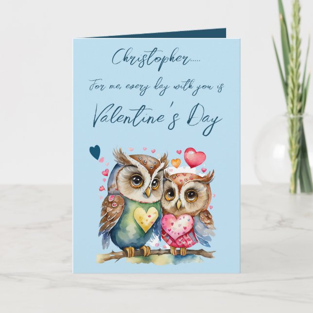 Cute owls personalised name blue Valentine's Day Card (Front)
