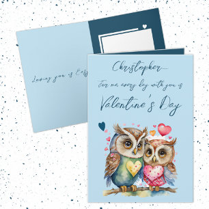 Cute owls personalised name blue Valentine's Day Card