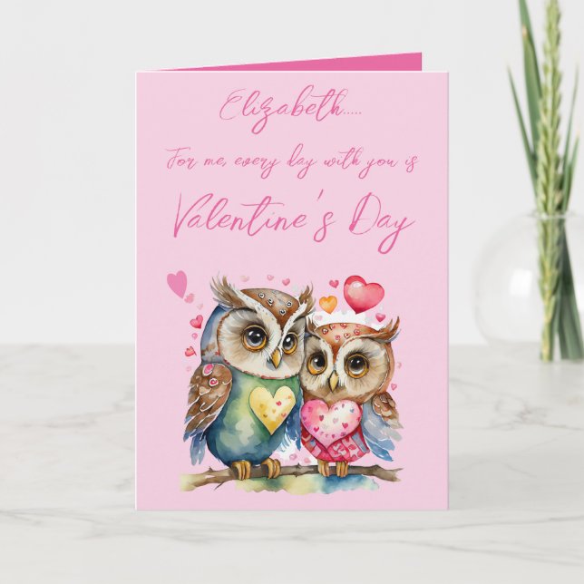 Cute owls personalised name pink Valentine's Day Card (Front)