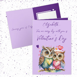Cute owls personalised name purple Valentine's Day Card