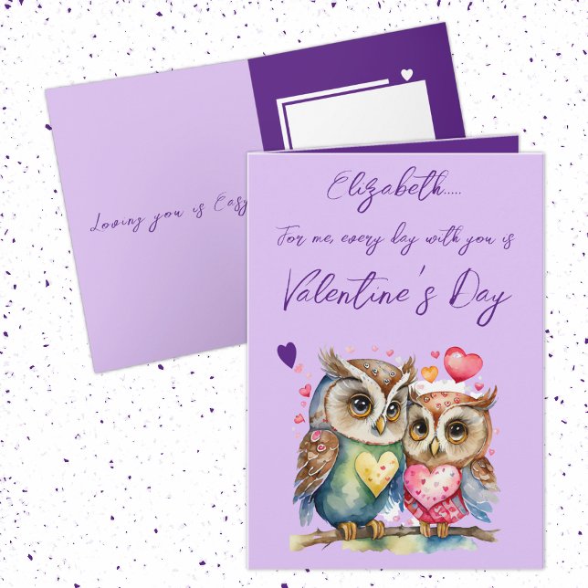 Cute owls personalised name purple Valentine's Day Card (Creator Uploaded)