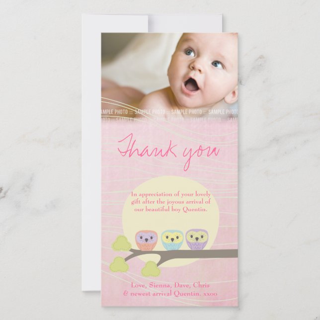 Cute Owls Pink Baby Thank You Photo Card (Front)