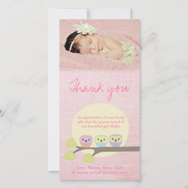 Cute Owls Pink Baby Thank You Photo Card (Front)