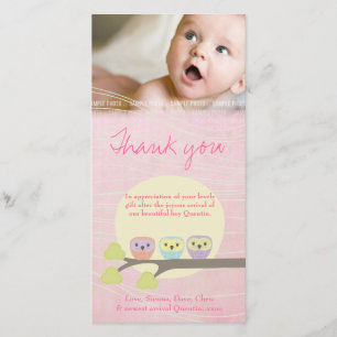 Cute Owls Pink Baby Thank You Photo Card
