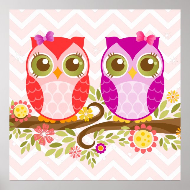 Cute Owls - Pink & Purple Girls - Wall Poster (Front)