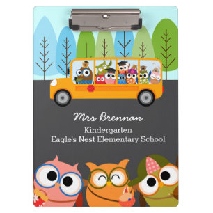 Cute Owls School Bus Personalised Teacher Clipboard