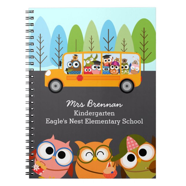 Cute Owls School Bus Personalised Teacher Notebook (Front)