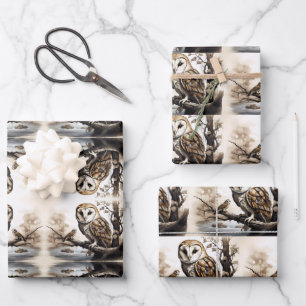 Cute owls sitting on a tree branch wrapping paper sheet