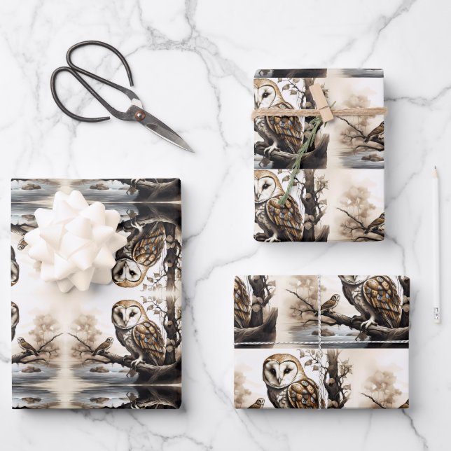 Cute owls sitting on a tree branch wrapping paper sheet (Front)