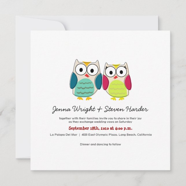 Cute Owls, Square Wedding Invitation (Front)