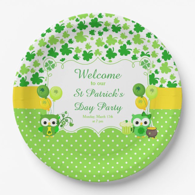 Cute Owls St Patrick's Day Party Paper Plate (Front)