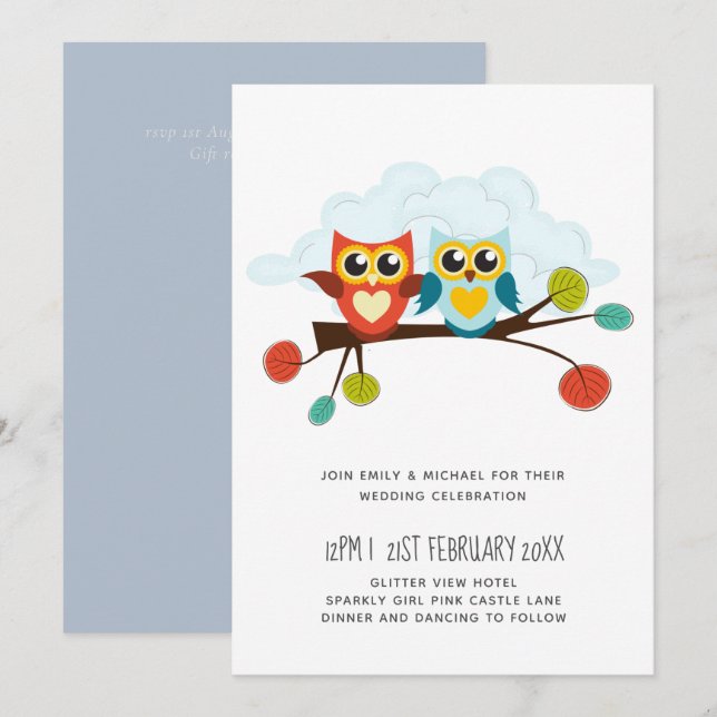 Cute OWLS Themed Wedding Blue Orange (Front/Back)