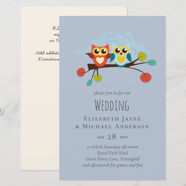 Cute OWLS Themed Wedding Blue Orange (Front/Back)