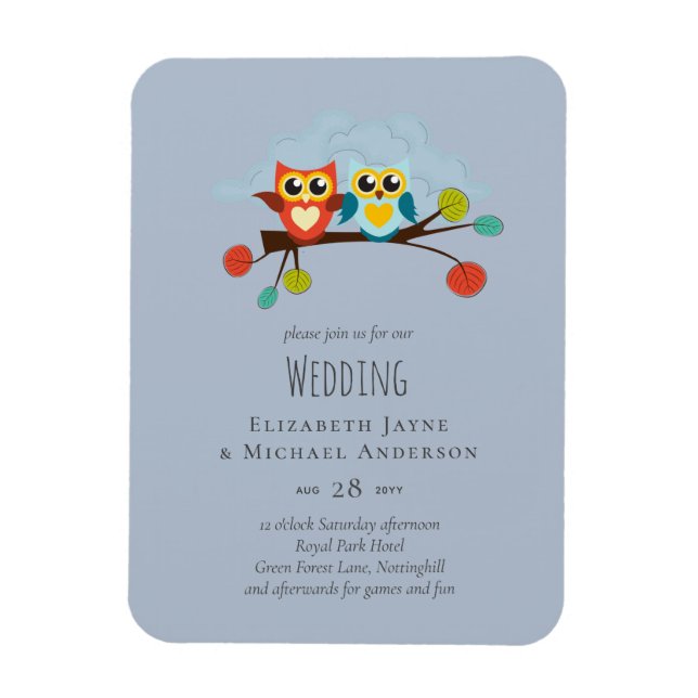 Cute OWLS Themed Wedding Blue Orange Magnet (Vertical)