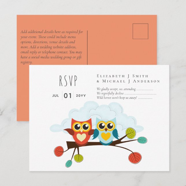 Cute OWLS Themed Wedding Blue Orange Postcard (Front/Back)
