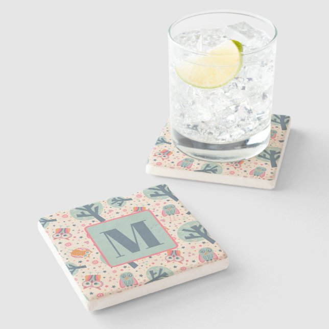 Cute Owls Trees Pattern Fun Custom Initial  Stone Coaster (Side)