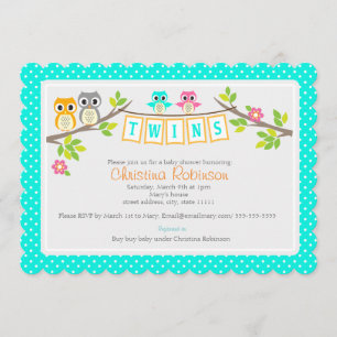 cute owls twin baby shower 5 x 7 invitation card