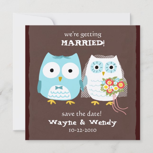 Cute Owls Wedding Bride and Groom Save the Date (Front)