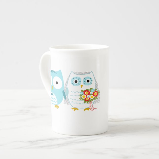 Cute Owls Wedding Newlywed Couple with Custom Text Bone China Mug (Front Left)