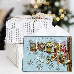 Cute Owls Winter Snowflakes Blue Playful Large Gift Bag