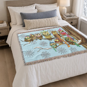 Cute Owls Winter Snowflakes Blue Playful Throw Blanket
