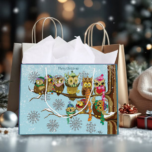 Cute Owls Winter Snowflakes Large Gift Bag