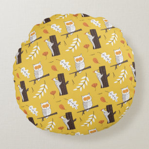 Cute Owls & Woodpeckers Mustard Yellow Forest Round Cushion
