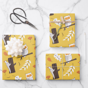 Cute Owls & Woodpeckers Mustard Yellow Forest Wrapping Paper Sheet