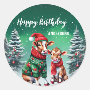 Cute OX bull Cow Santa Christmas birthday party Classic Round Sticker