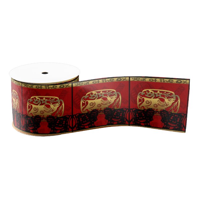 Cute Ox Chinese Year 2021 Zodiac Birthday Large R Grosgrain Ribbon (Spool)