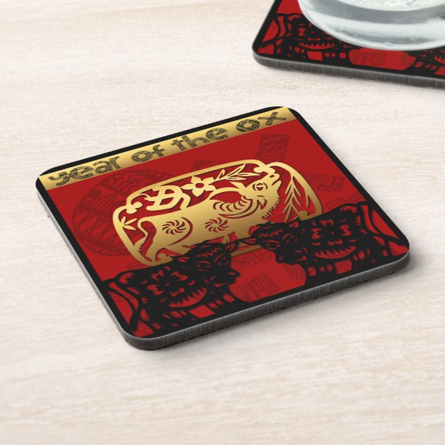 Cute Ox Chinese Year Zodiac Birthday HPC Coaster (Left Side)