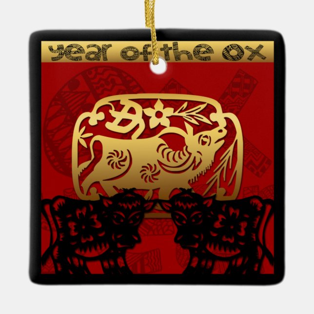 Cute Ox Chinese Year Zodiac Birthday Square O Ceramic Ornament (Front)