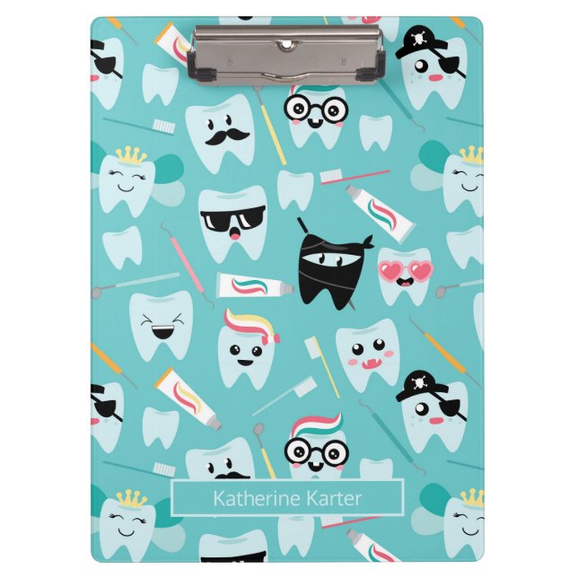 Cute Paediatrics Dental Practice Tooth Pattern Clipboard (Front)