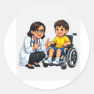 Cute paediatrics doctor and wheelchair boy sticker