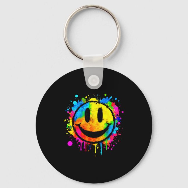 Cute Paint Splash Happy Smile Face 70s Tie Dye Smi Key Ring (Front)