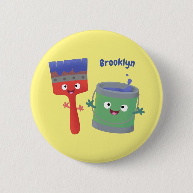 Cute paintbrush and paint cartoon characters 6 cm round badge (Front)