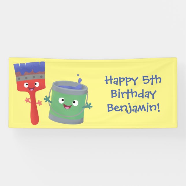 Cute paintbrush and paint cartoon characters banner (Horizontal)