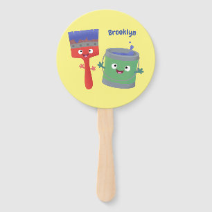 Cute paintbrush and paint cartoon characters hand fan