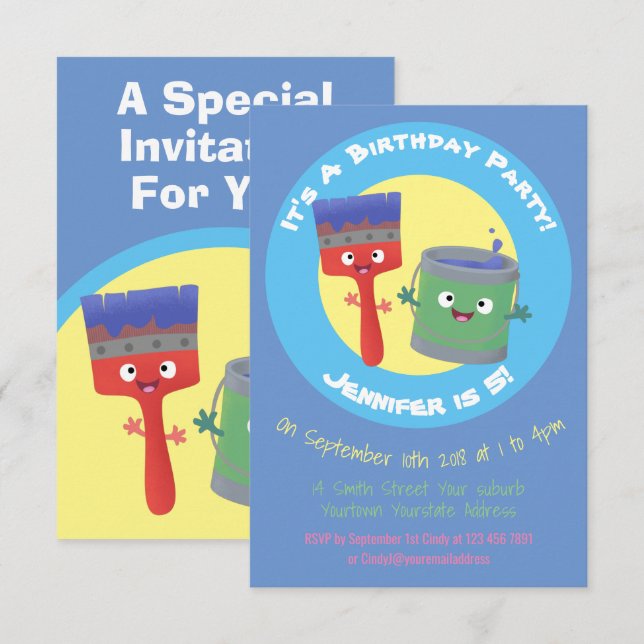 Cute paintbrush and paint cartoon characters invit invitation (Front/Back)